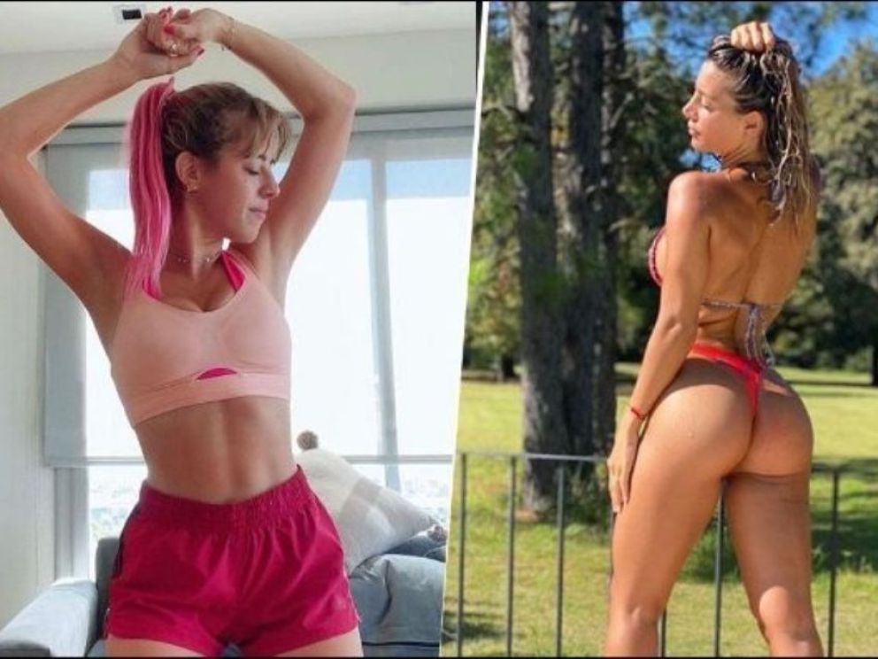 Nati Jota, lengua afuera, con un filtro rojo y en conjunto deportivo