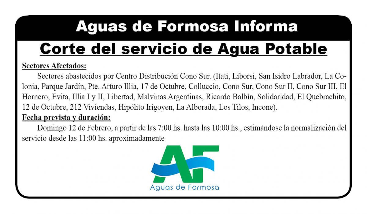 Aguas de Formosa Informa: Corte del servicio de Agua Potable