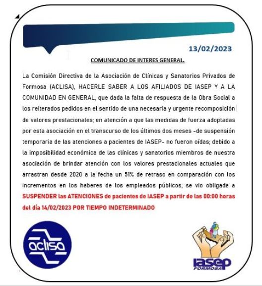 Lesbegueris-ACLISA: "se suspendió el servicio al IASEP porque no tenemos ningún tipo de comunicación con los responsables de que este problema se solucione por el bien de los afiliados"